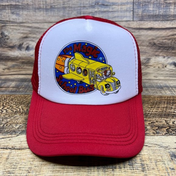 The Magic Schoolbus Mens Trucker Hat Red Snapback 1994 Retro Logo TV Ball Cap - Picture 2 of 8